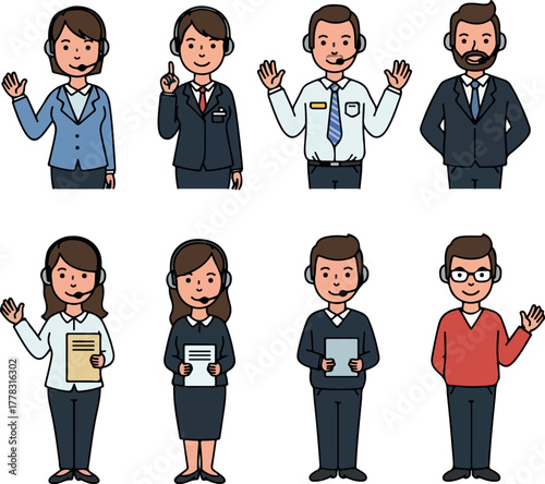 Diverse Customer Service Agents With Headsets Wave Hello Pixel Art Collection