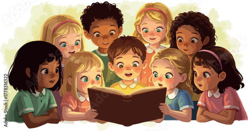 Diverse Children Gathered Around Reading A Magical Storybook