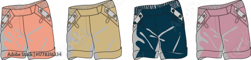 Colorful shorts designs in different shades with stylish lace-up details, a fashion vector illustration