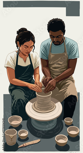 Diverse Couple Crafting Pottery on Wheel in Light Studio