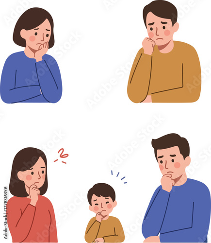 Diverse Family Pondering Worries In A Flat Design Illustration