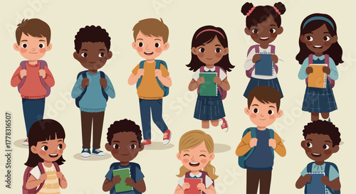 Diverse Group Of Children Carrying Backpacks And Books