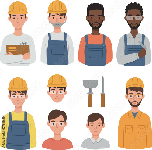 Diverse Group Of Construction Workers With Helmets And Tools Flat Design Illustration