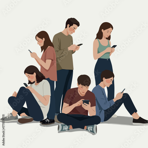 Diverse group of young adults absorbed in smartphones in a casual setting minimal illustration