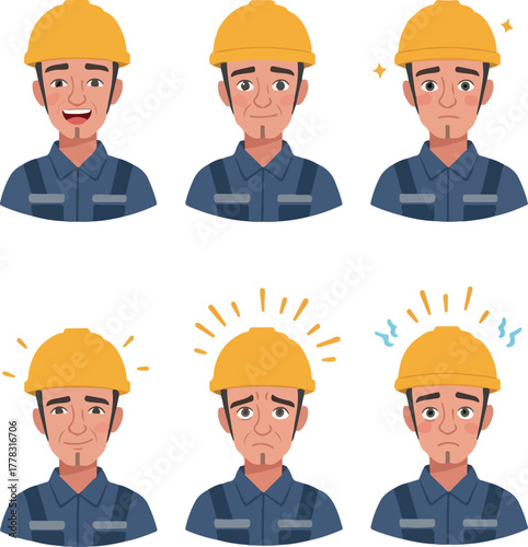 Diverse Male Worker Emotions Yellow Hard Hat Blue Overalls
