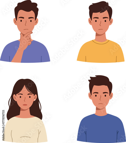 Diverse People Pondering Expression on White Background Flat Vector Illustration
