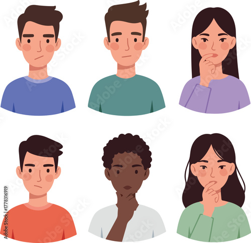 Diverse People Thinking Pondering Faces in Flat Vector Design