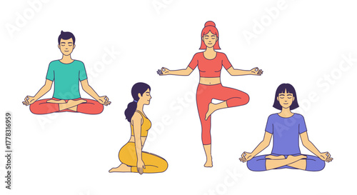Four people practicing yoga poses on a white