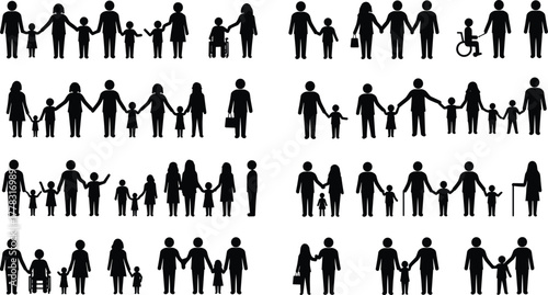 Silhouette people vector illustration, family icons, parents and children, inclusive design,