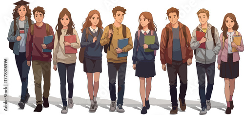 Diverse Students Walking Together Carrying Books and Backpacks with Soft Shadows