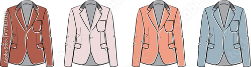 Set of four different colored blazers shown from the front with subtle shading