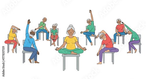 Illustration of senior people doing chair yoga