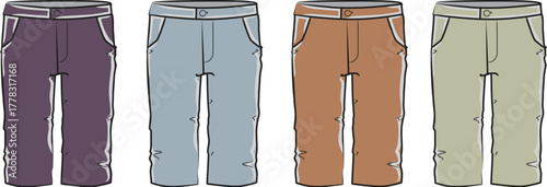 A stylish and diverse collection of casual outdoor pants in a variety of earthy and cool tones, perfect for everyday wear or adventurous activities