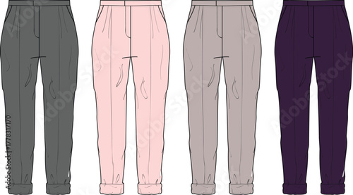Vector illustration set of classic women's high-waisted trousers. Fashion technical flat sketch collection with cuffed pants in various colorways