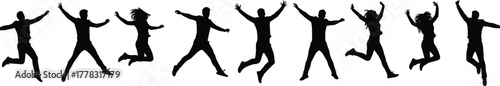 Silhouette people vector illustration, jumping poses, male and female figures, dynamic movement, celebration, lifestyle, energy, expression, dance, fitness, freedom, activity, joy, collection