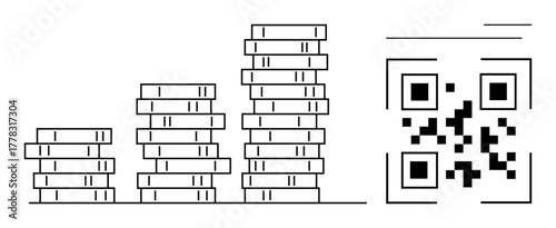 Coins arranged in increasing stacks beside a QR code, symbolizing digital payment, financial growth, investment, savings, technology adoption, economic development, or modern commerce solutions