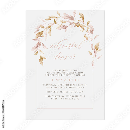 Rehearsal dinner invitation template with watercolor wreath illustrations of leaves in muted tones of blush pink and warm gold on a pale pink background