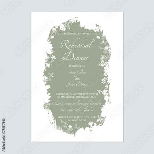 Rehearsal dinner invitation template with a white silhouette of mixed foliage and botanical frame on a muted sage green and white background