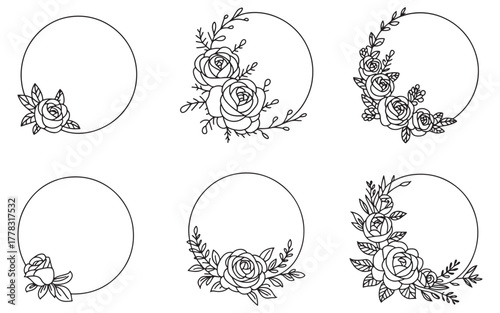 Elegant Floral Frame Collection Line Art Design with Roses and Leaves for Invitation and Greeting Cards