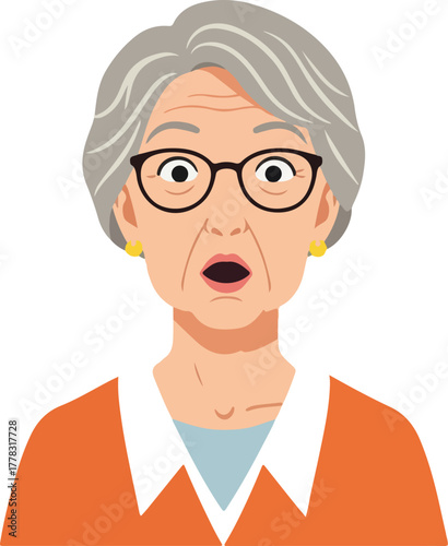 Elderly Woman With Glasses Looks Surprised Orange Top Light Blue Shirt
