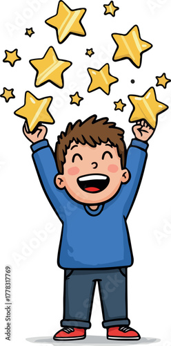 Excited Boy with Falling Golden Stars Joyful Celebration