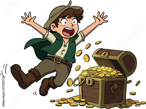Excited Boy Jumps Near Open Treasure Chest Full of Gold Coins