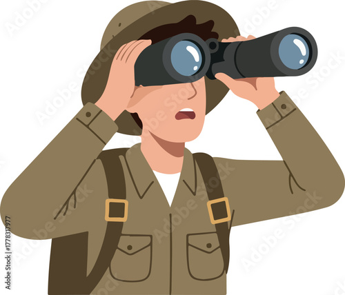 Explorer Looking Through Binoculars Safari Outfit Tan Background Isolated
