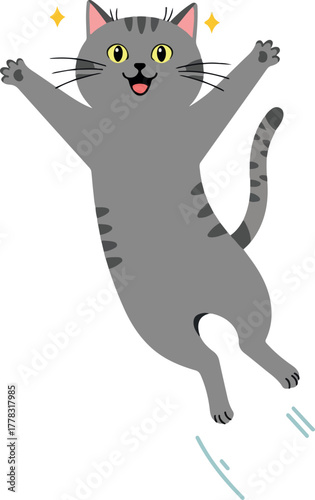 Excited Grey Tabby Cat Jumping and Smiling Vector Illustration