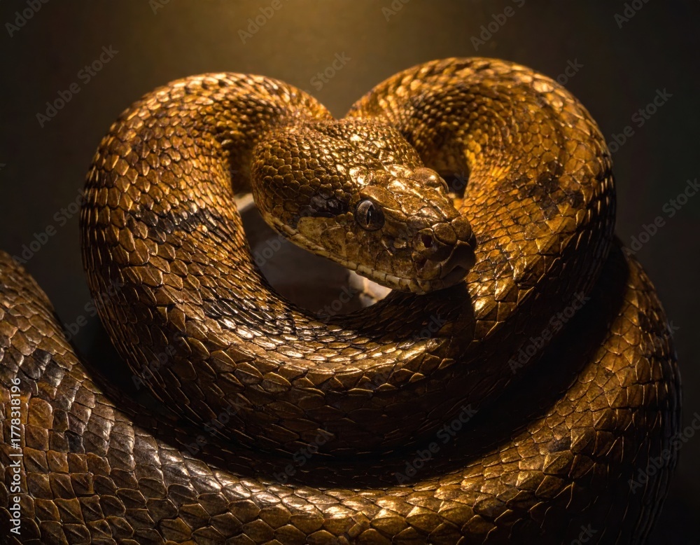 Fototapeta premium A large snake, possibly a python, is tightly coiled and illuminated by a dramatic spotlight that emphasizes its glistening, intricate scales against a deep, dark background.