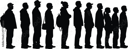 Silhouette queue illustration, diverse people standing in line, black vector figures with accessories, waiting posture icons, minimal social behavior graphic