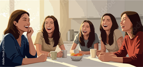 Five women laughing together indoors during a sunny day