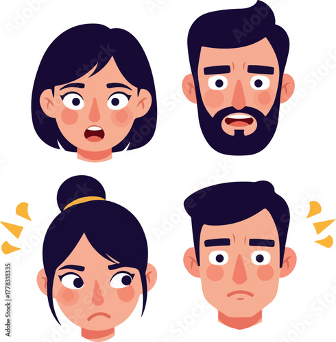 Flat Design Icons Four Diverse People Faces Expressing Negative Emotions