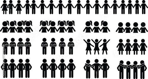 Silhouettes of people, group interaction icons, social relationship symbols, friendship and teamwork poses, lifestyle concept, vector illustration, communication design, human connection artwork