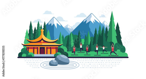 Illustration of a serene Asian temple with people