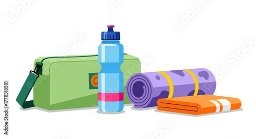 Illustration of yoga gear and accessories on a