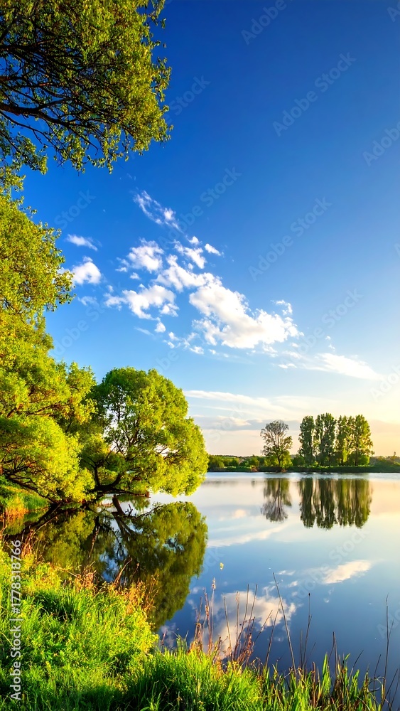 Fototapeta premium Tranquil riverside scene with lush trees and a clear sky