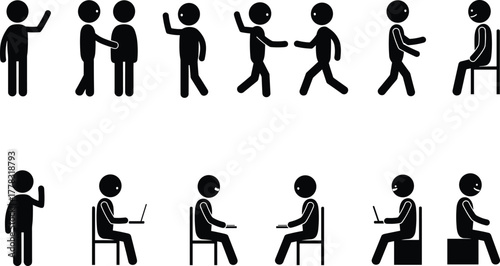 Stick figure people activities, handshake, waving, walking, sitting, laptop use, teamwork, communication, business meeting, workplace posture, social interaction, vector illustration design
