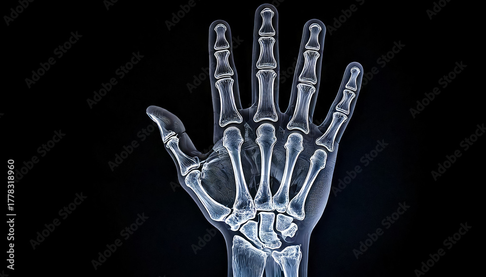 Naklejka premium a digital illustration of the bones of a human hand and wrist. Blue X-ray image of the hand.