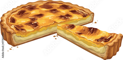 Golden Brown Quiche Tart with Creamy Filling Isolated On White