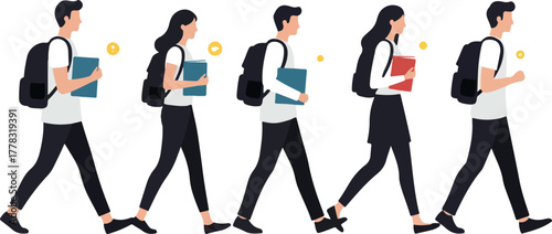 Group Of Students Walking With Backpacks And Books Minimalist Vector Illustration