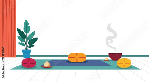 Flat lay of a yoga mat with cushions and a