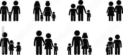 Vector family icons, black silhouette people symbols, diverse family structures, parents and children pictograms, community and demographic illustration, outline and solid style figures