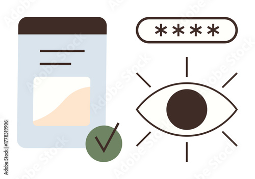 Secure password and account protection elements, including an eye icon for visibility, a verification checkmark, and a password entry field. Ideal for cybersecurity, authentication, privacy, access