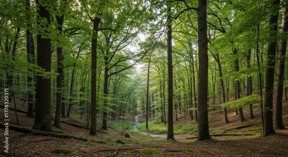 Obraz premium A serene forest scene with tall trees, a stream, and a clear sky.