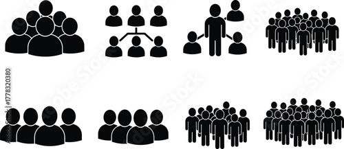 Vector group icons, black silhouette people symbols, teamwork and collaboration pictograms, community and social interaction illustration, organizational structure design, human figures