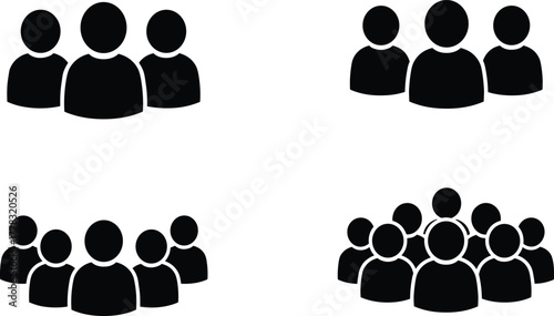 Vector group size icons, black silhouette people symbols, small and large team pictograms, community and demographic illustration, organizational structure design, social figures