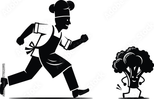 Chef chasing broccoli illustration