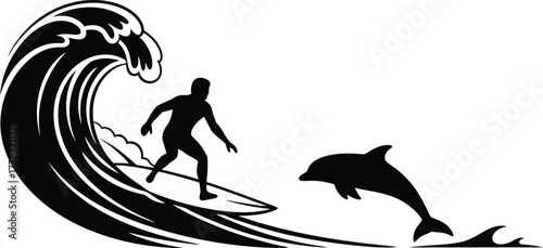 Surfer riding wave with dolphin