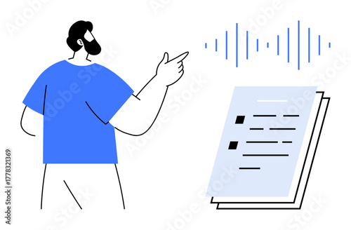 Man gesturing towards a sound wave and document, symbolizing speech-to-text, audio analysis, or digital communication. Ideal for technology, innovation, education, software, AI training minimalism