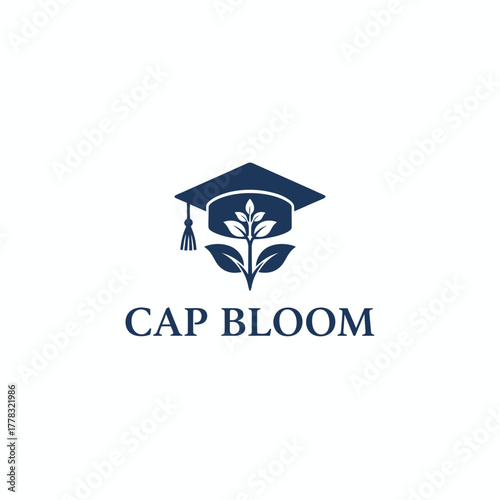 A dark blue cap with tassel, leaves, and budding plant, and the words "CAP BLOOM" below it